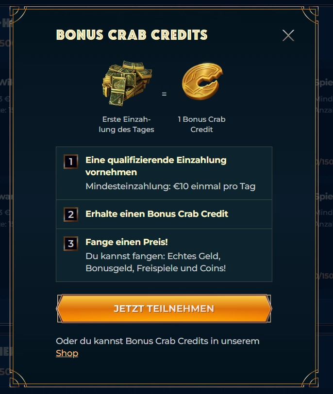 Monster Win Casino Bonus Crab Credits Promotion mit täglicher Einzahlung und Bonusbelohnungen