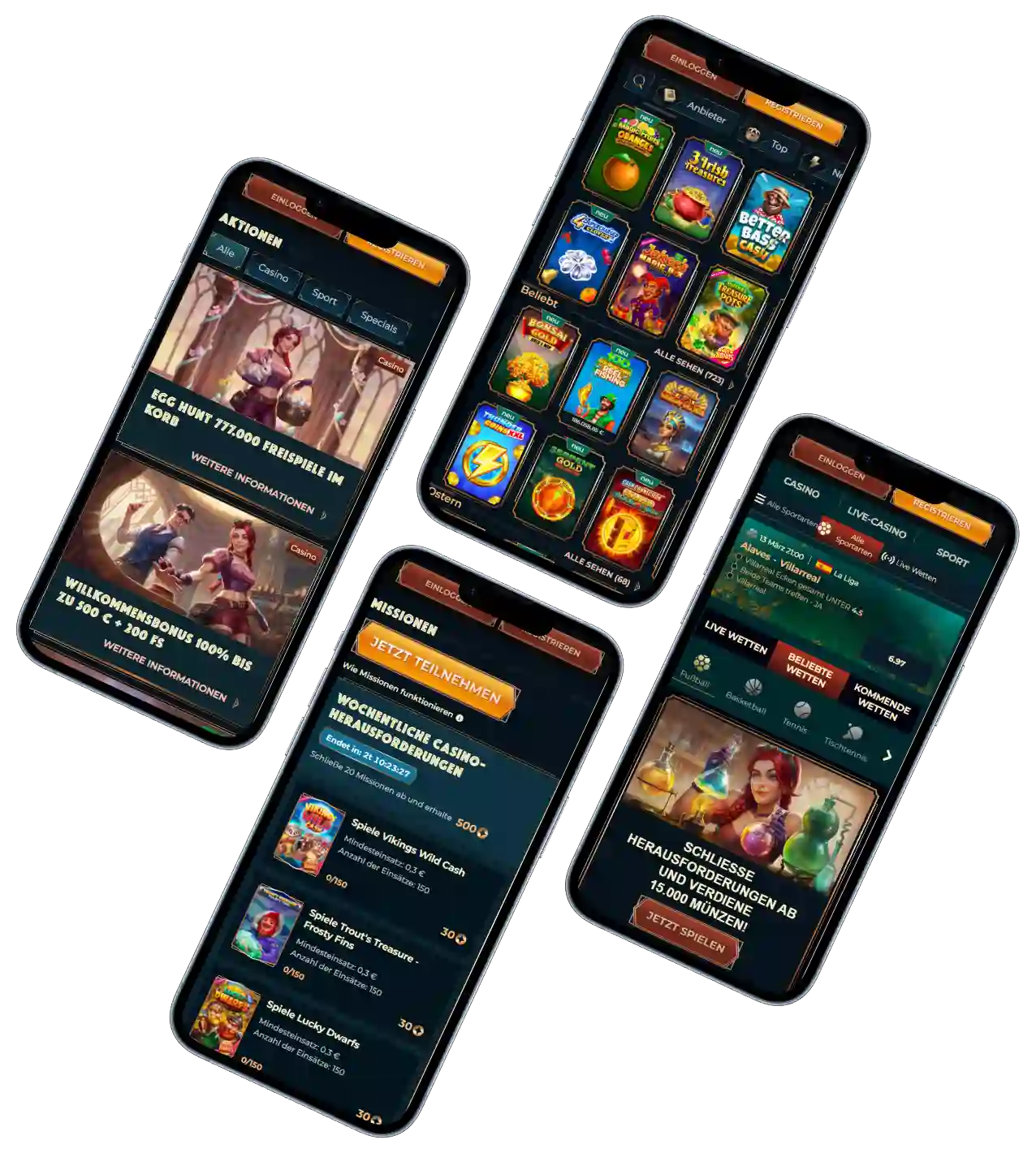 Monster Win Casino mobile Oberfläche mit Slots, Aktionen und Sportwetten